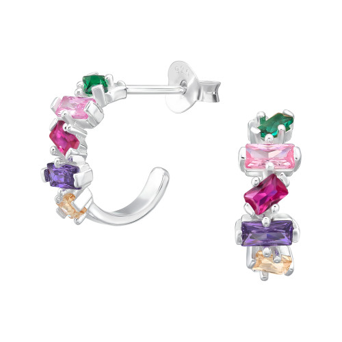 Félkarika négyzetes színes cirkónia köves 925 ezüst stift fülbevaló