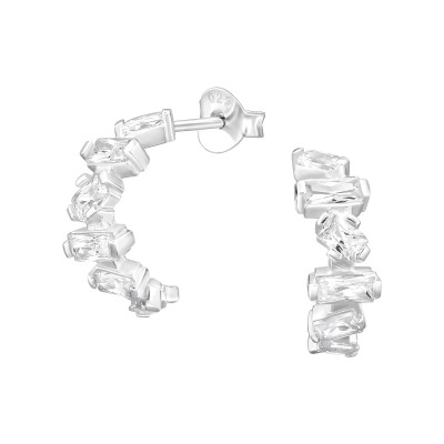 Cirkónia téglalap kövekkel kirakott félkarika stift ezüst fülbevaló