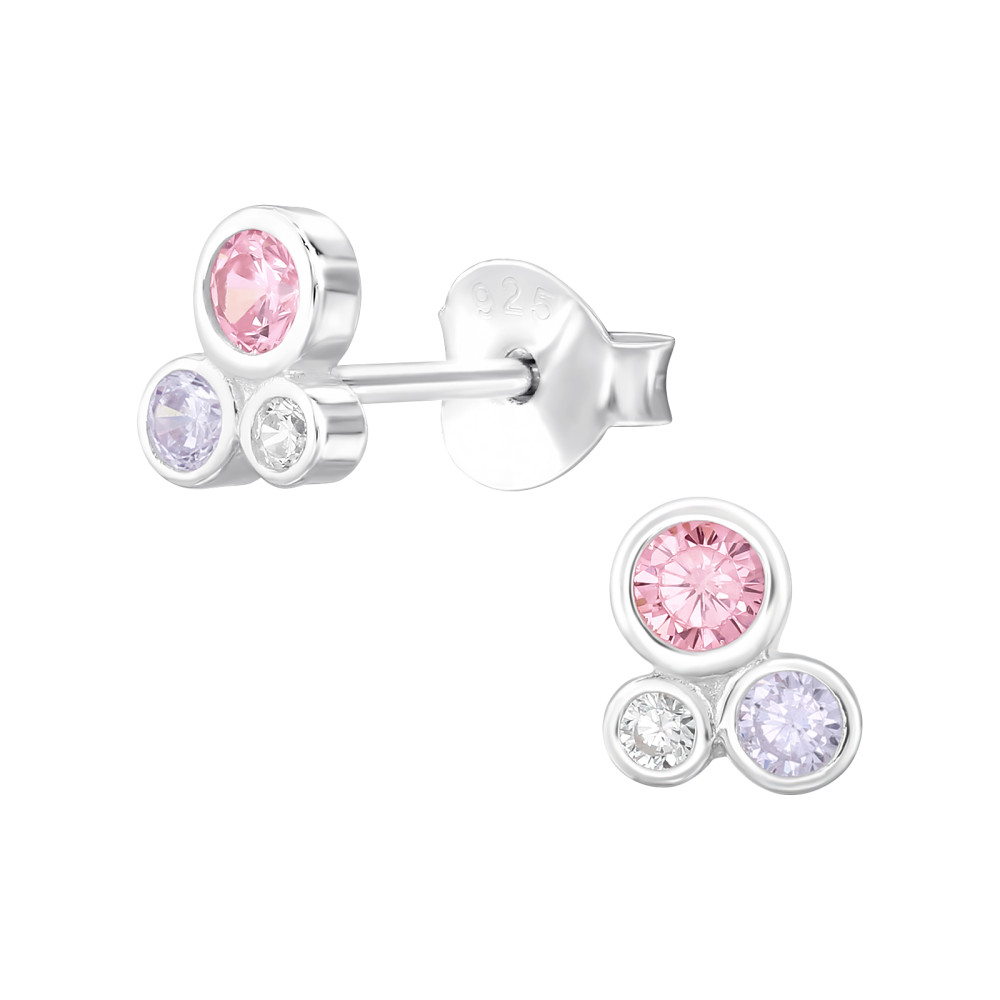 Fehér, pink, lila kerek cirkónia köves 925 ezüst stift fülbevaló Fehér, pink, lila kerek cirkónia köves 925 ezüst stift fülbevaló