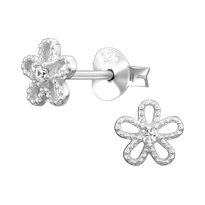 Virágos elegáns, finom ezüst fülbevaló, cirkónia köves