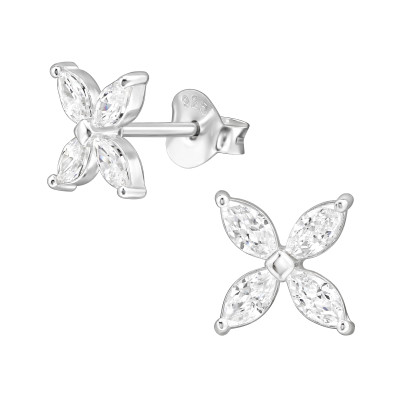 Virág, négy szirmú elegáns, finom ezüst fülbevaló, cirkónia köves