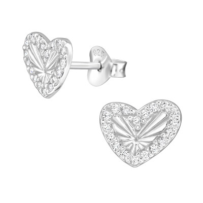 Szív rovátkás elegáns, finom ezüst fülbevaló, cirkónia köves