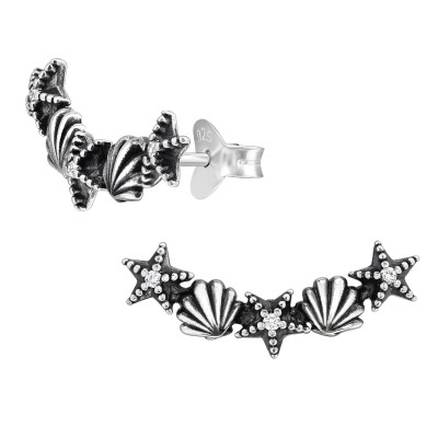 Kagyló, tengericsillag oxidált cirkónia köves ezüst stift fülbevaló