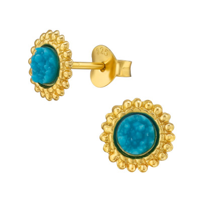 Türkizkék mintás aranyozott ezüstfülbevaló, stift, 1 pár