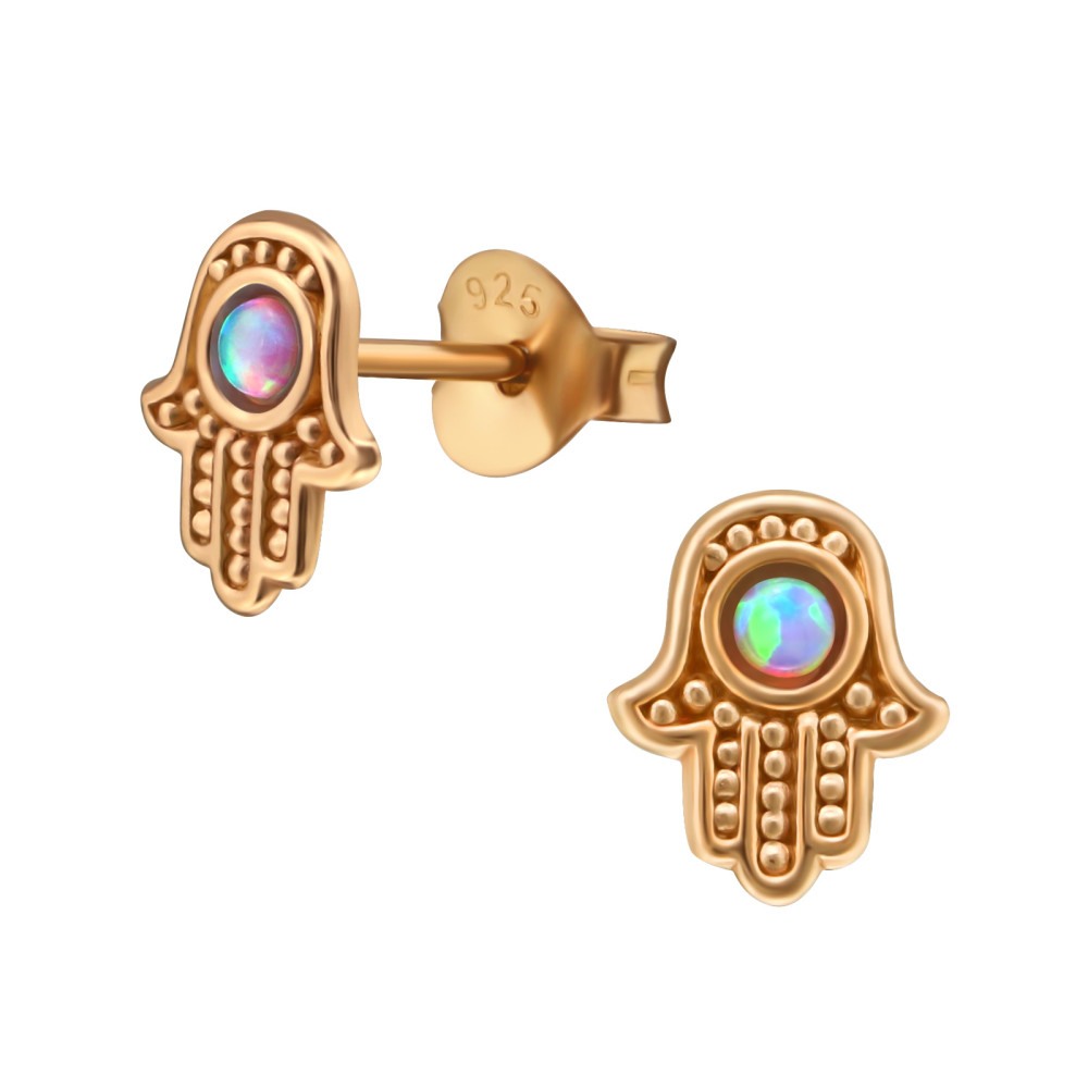 Hamsa opálos 18k rózsa aranyozott stift ezüst fülbevaló Hamsa opálos 18k rózsa aranyozott stift ezüst fülbevaló