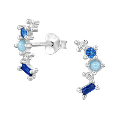 Ívelt, kék elegáns, finom ezüst fülbevaló, cirkónia köves