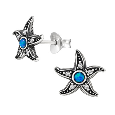 Tengericsillag oxidált opálos cirkónia köves 925 ezüst stift fülbevaló