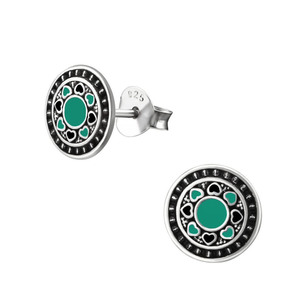 Kerek elegáns zöld fekete mintázott stift ezüst fülbevaló Kerek elegáns zöld fekete mintázott stift ezüst fülbevaló