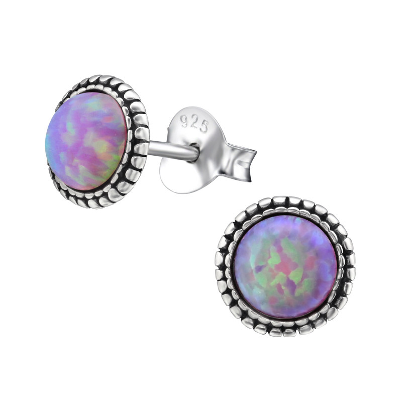 Kerek lila színes opálos stift ezüst fülbevaló