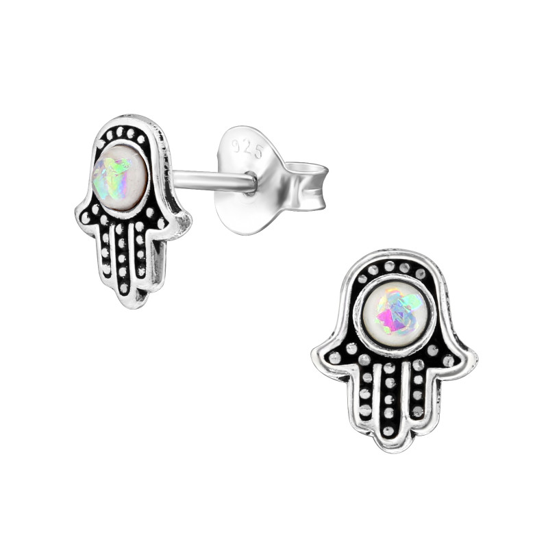 Hamsa fehér opálos stift ezüst fülbevaló