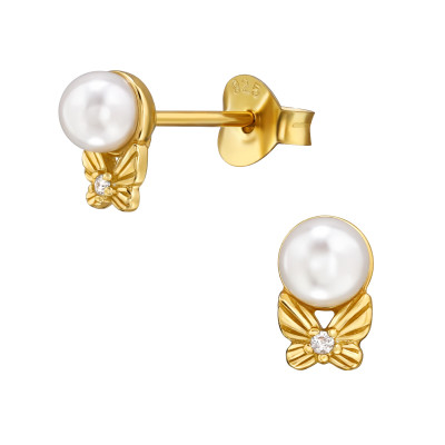 Gyöngy aranyozott elegáns, finom ezüst fülbevaló, cirkónia köves