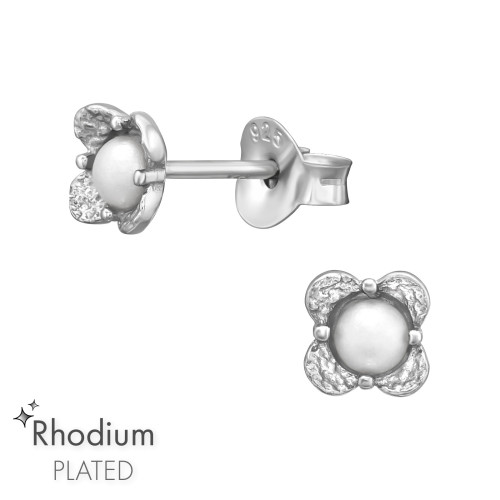 Négylevelű lóhere ródiumos gyöngy fülbevaló, 925 ezüst stift
