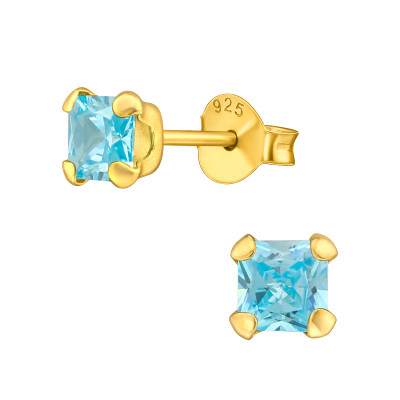 Négyzetes cirkónia köves, 24k aranyozott alap ezüst stift fülbevaló
