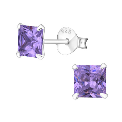 Lila négyzetes alap 925 ezüst stift fülbevaló cirkónia kővel Lila négyzetes alap 925 ezüst stift fülbevaló cirkónia kővel