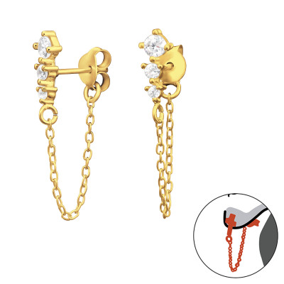 24k aranyozott cirkónia köves láncos ezüst stift fülbevaló, kétoldalas