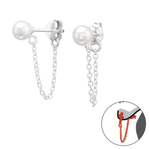 Gyöngy láncos ezüst stift fülbevaló, kétoldalas
