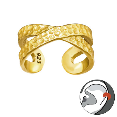 Dupla kereszt vonalas, nyomott mintás fülcimpa gyűrű, 24k aranyozott ezüst fülbevaló