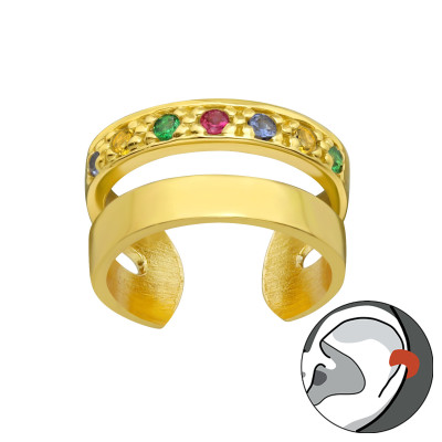 Dupla színes cirkónia köves fülcimpa gyűrű, 24k aranyozott ezüst fülbevaló