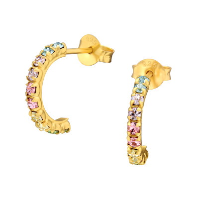 Félkarika színes kristály ezüst stift fülbevaló, 24k aranyozott