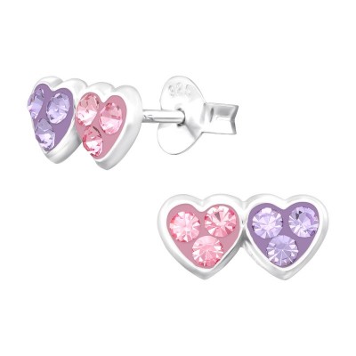 Dupla szíves ezüst stift gyerek fülbevaló, lila és pink - 42534EKW