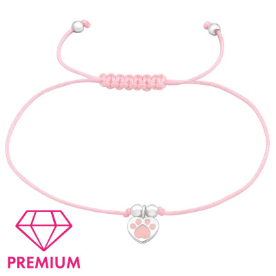 Szív és kutya tappancs rózsaszín állítható zsinóros prémium 925 ezüst gyerek karkötő
