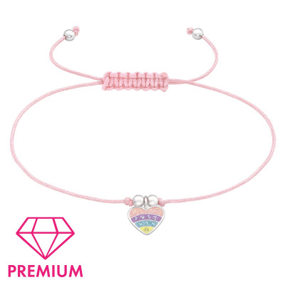 Színes szíves rózsaszín állítható zsinóros prémium 925 ezüst gyerek karkötő