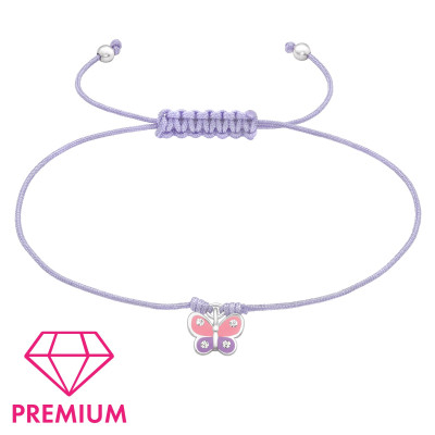 Pillangós lila állítható zsinóros prémium 925 ezüst gyerek karkötő