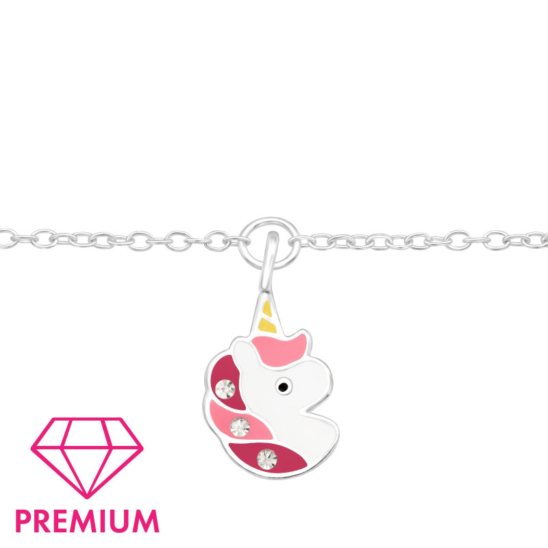 Egyszarvú fejes, kristályos, pink prémium 925 ezüst gyerek karkötő