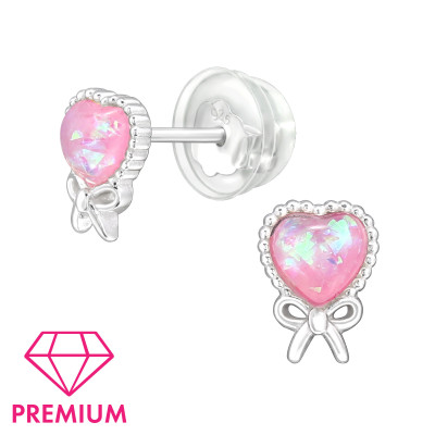 Rózsaszín masnis szíves ezüst stift gyerek fülbevaló