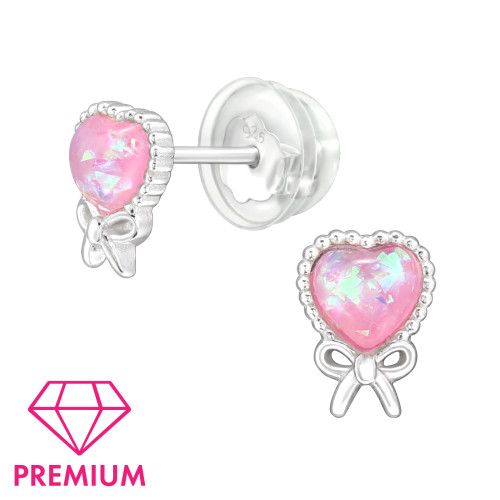 Rózsaszín masnis szíves ezüst stift gyerek fülbevaló