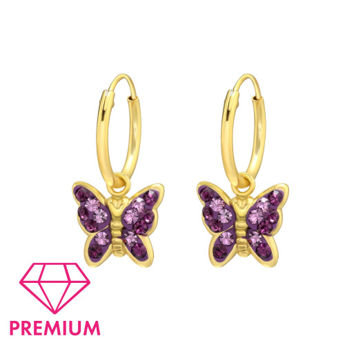 Lila kristály pillangó 14k aranyozott 925 ezüst karika gyerek fülbevaló Lila kristály pillangó 14k aranyozott 925 ezüst karika gyerek fülbevaló
