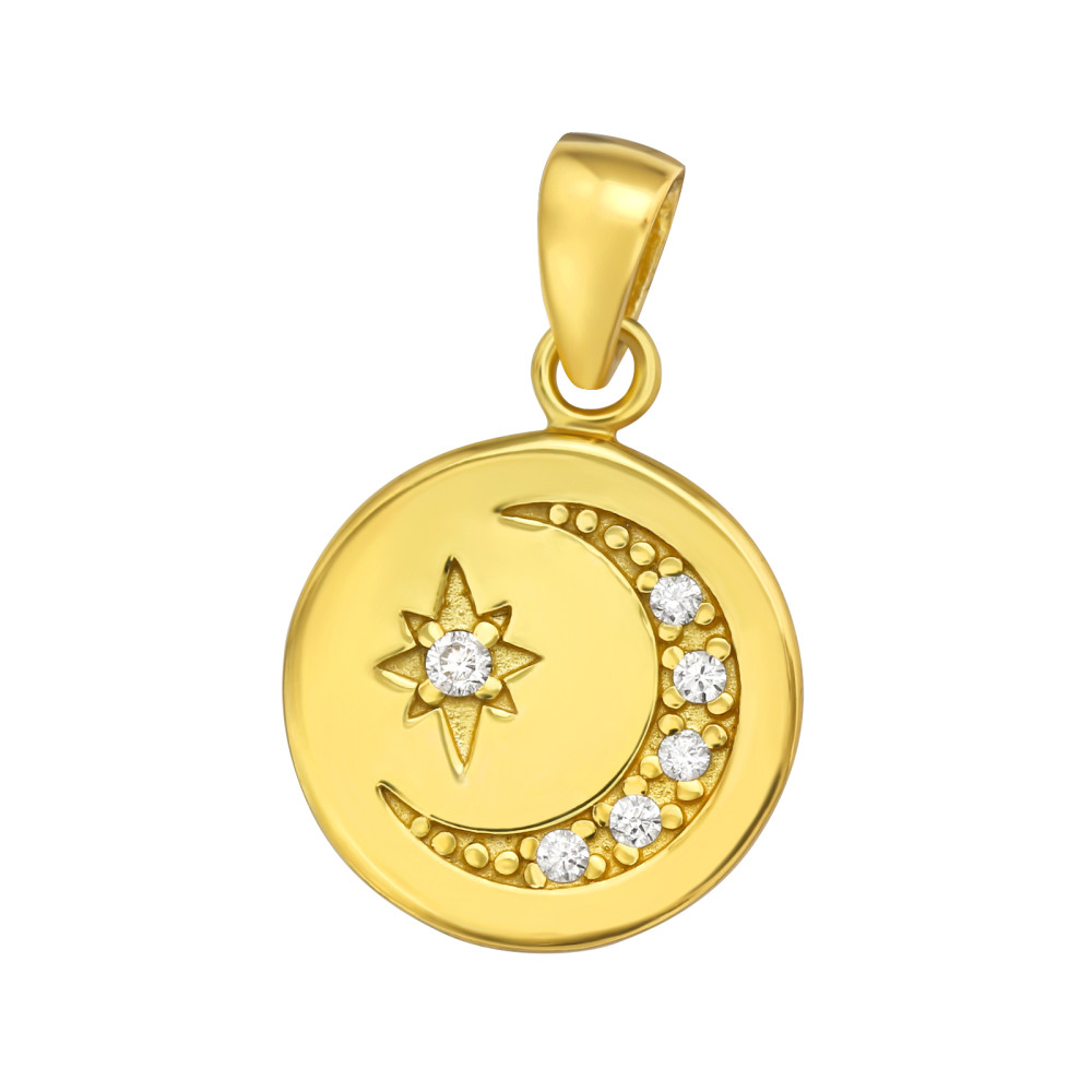 Kerek Hold és csillag 24k aranyozott cirkónia köves ezüst medál Kerek Hold és csillag 24k aranyozott cirkónia köves ezüst medál