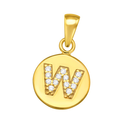 Kerek w betű név monogram 24k aranyozott cirkónia köves ezüst medál