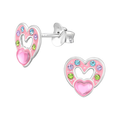 Rózsaszín szív kristály ezüst stift gyerek fülbevaló