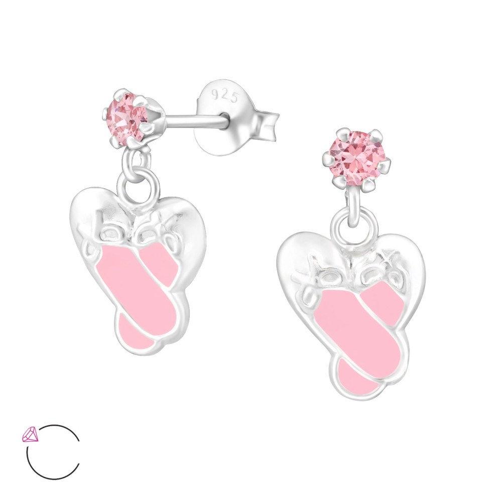 Balerina cipő, pink kővel, lógós stift gyerek fülbevaló, 925 ezüst ékszer