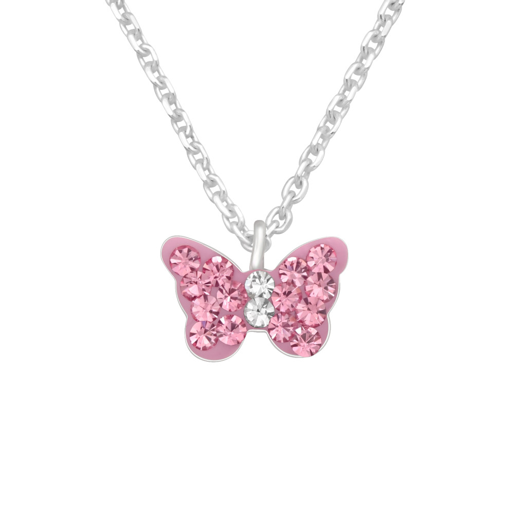 Pink kristály pillangó ezüst gyerek nyaklánc Pink kristály pillangó ezüst gyerek nyaklánc
