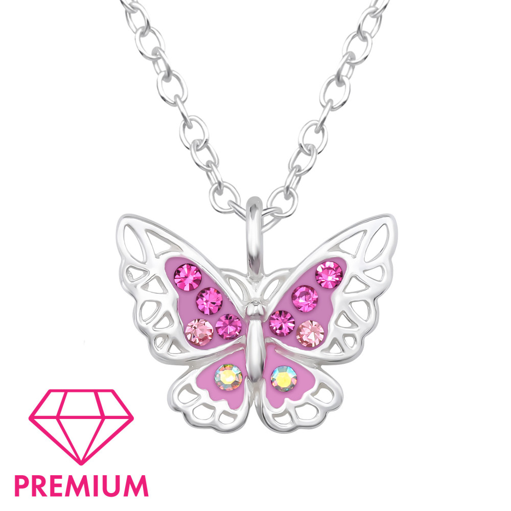 Pillangó, pink, kristályos prémium 925 ezüst gyerek nyaklánc