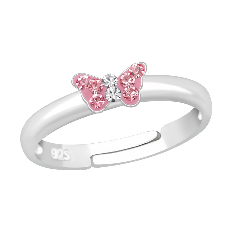 Pink kristályos mini pillangós állítható ezüst gyerek gyűrű