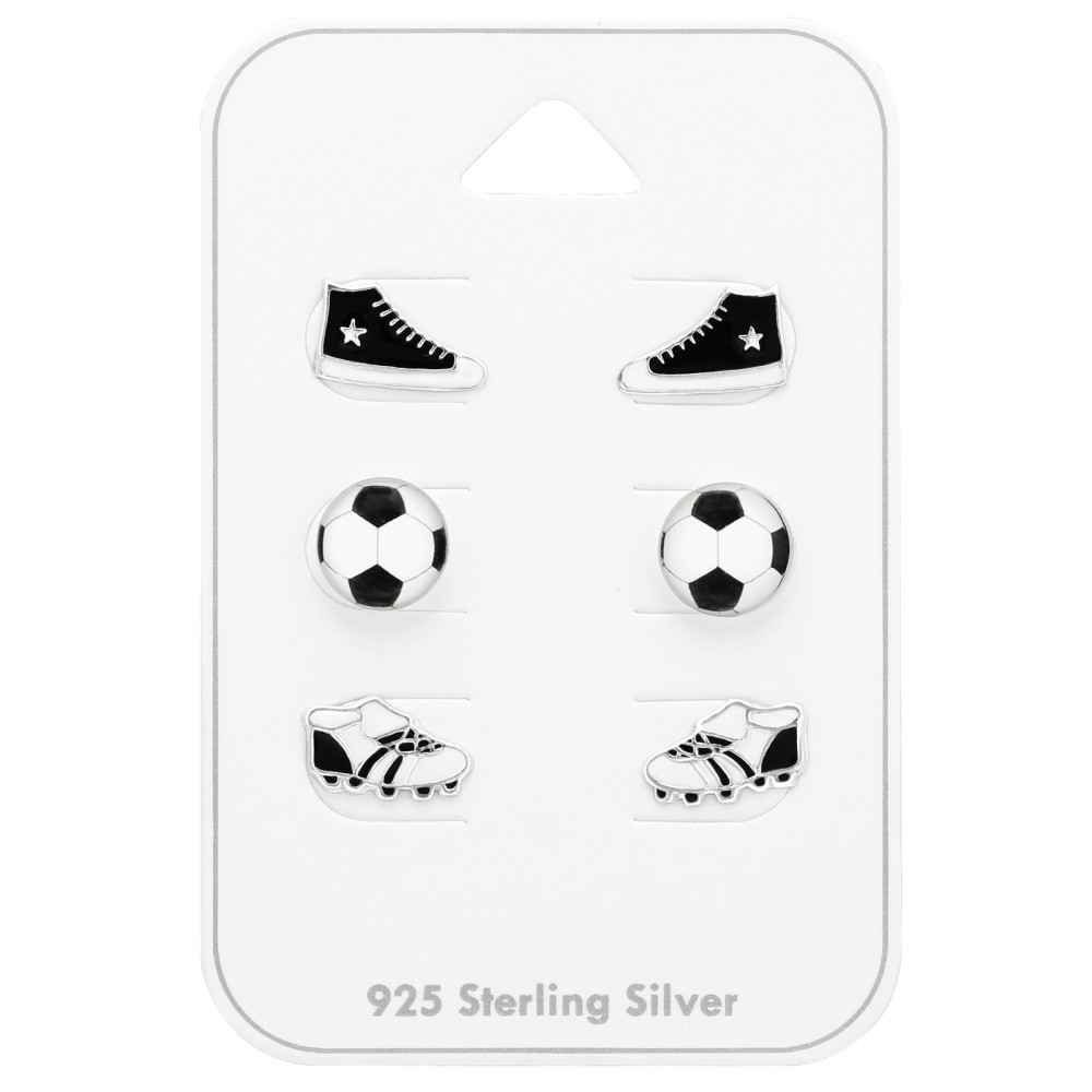 Magasszárú cipő, focilabda, footballcipő ezüst stift gyerek fülbevaló szett, Magasszárú cipő, focilabda, footballcipő ezüst stift gyerek fülbevaló szett,