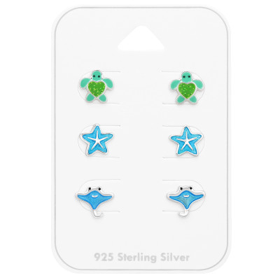 Rája, tengeri csillag, teknős stift gyerek fülbevaló szett, 925 ezüst,