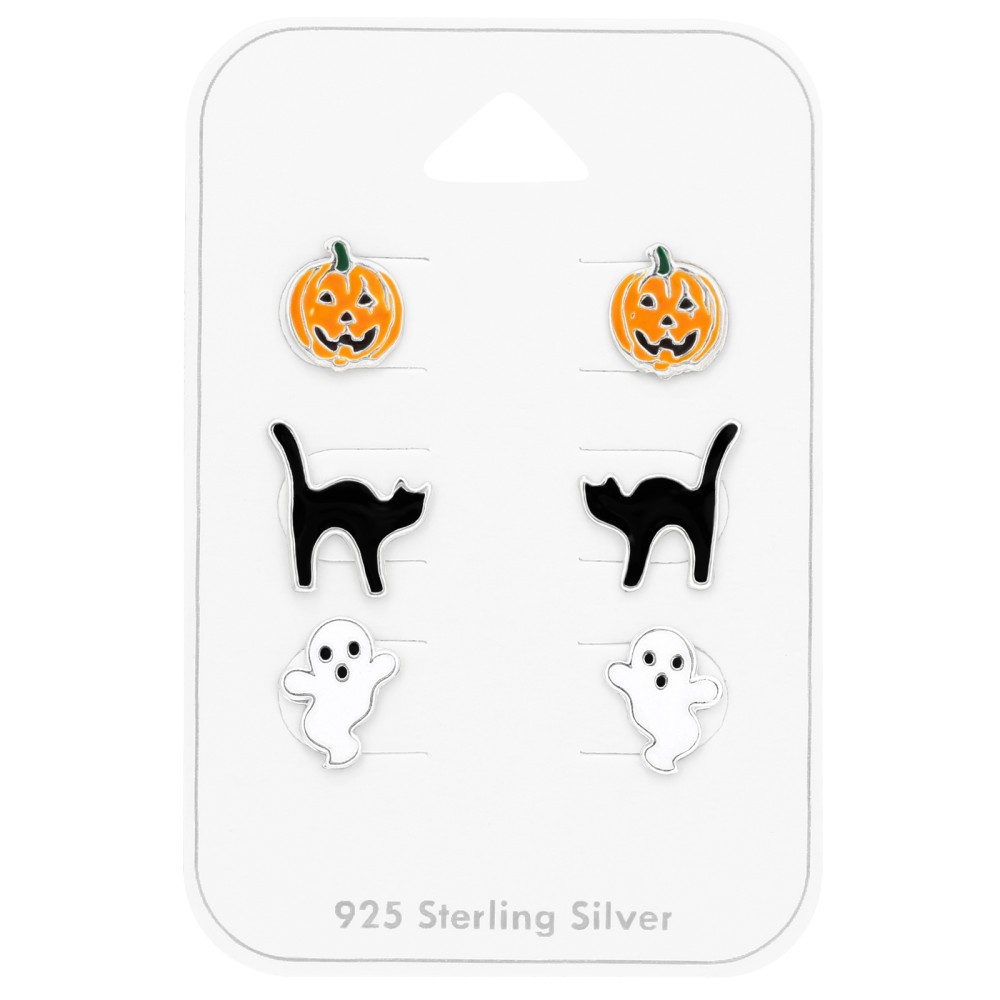 Halloweeni macska, tök, szellem stift gyerek fülbevaló szett, 925 ezüst,