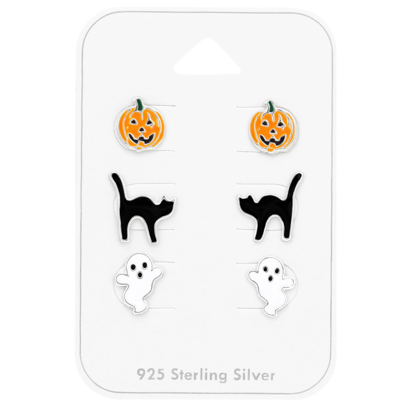 Halloweeni macska, tök, szellem stift gyerek fülbevaló szett, 925 ezüst,