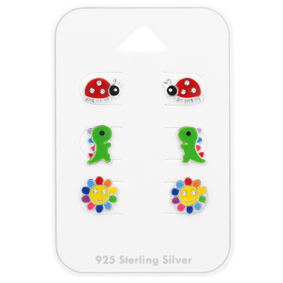 Színes virág, dinoszaurusz, katica stift gyerek fülbevaló szett, 925 ezüst,