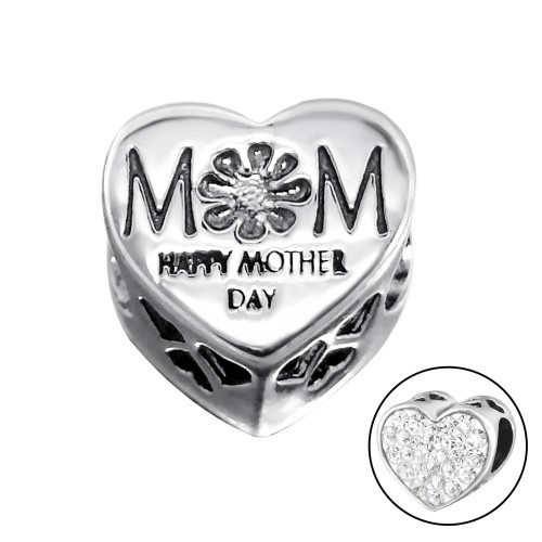 MOM Mother Day karkötőre fűzhető kétoldalú 925 ezüst charm kristály kővel MOM Mother Day karkötőre fűzhető kétoldalú 925 ezüst charm kristály kővel