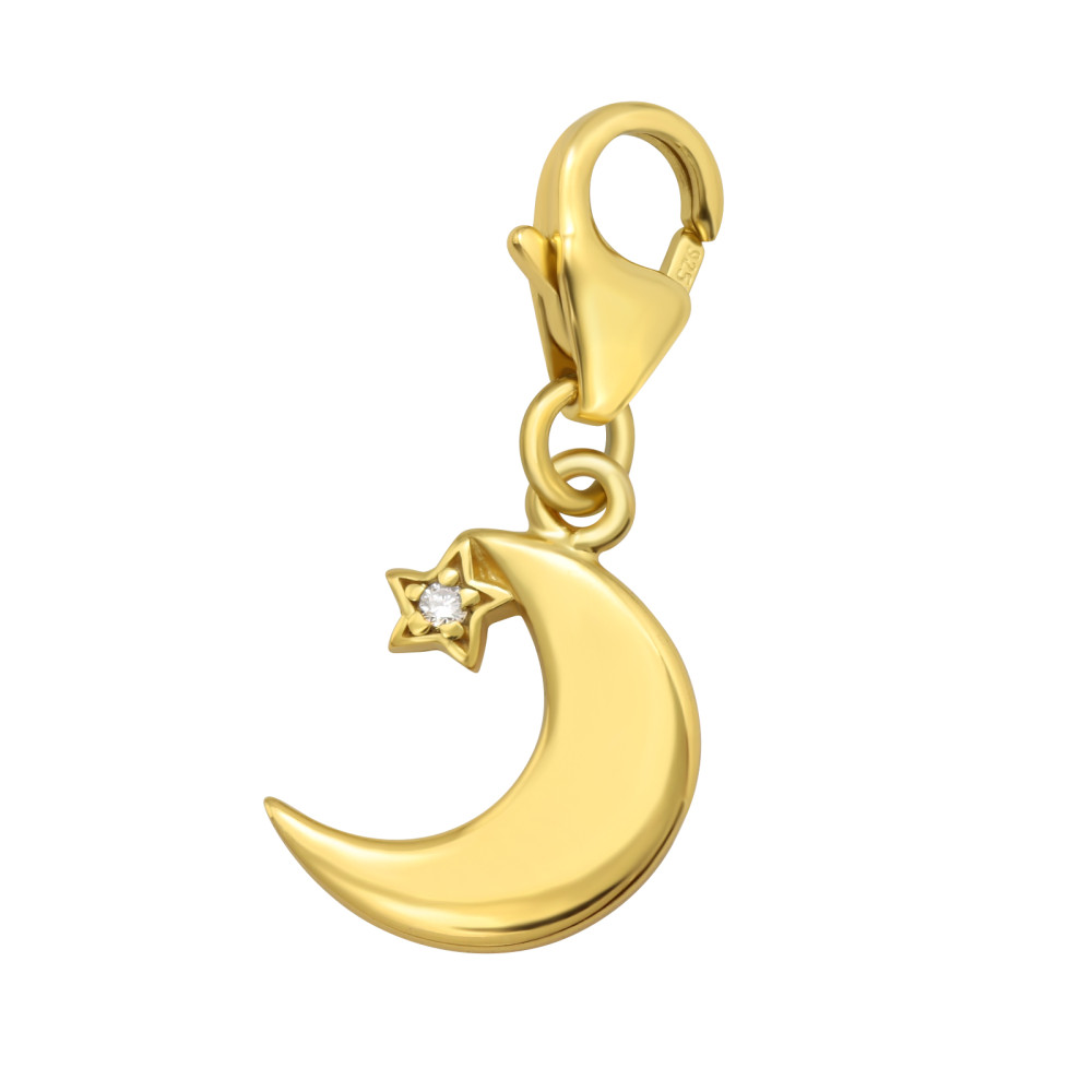 Hold és Csillah 24k aranyozott 925 ezüst kapcsos amulett, cirkónia kristályos Hold és Csillah 24k aranyozott 925 ezüst kapcsos amulett, cirkónia kristályos