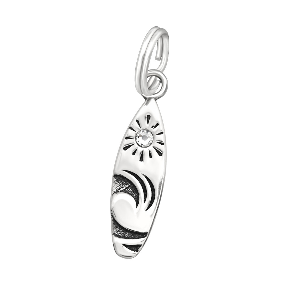 Szörfdeszka amulett karikával 925 ezüst, kristály köves Szörfdeszka amulett karikával 925 ezüst, kristály köves