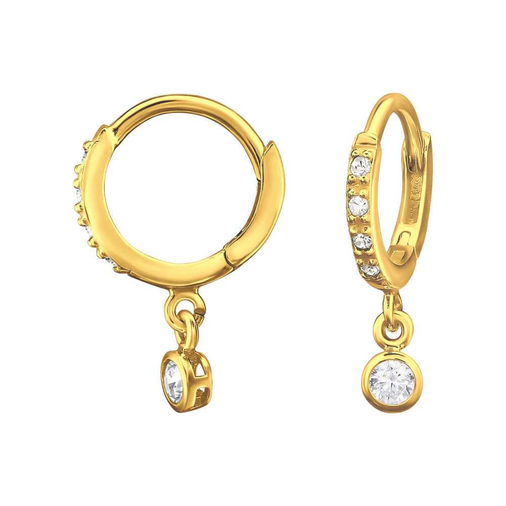 Huggies 925 ezüst karika fülbevaló, 24k aranyozott, cirkónia köves, 1.3 mm x 10 mm – lógóval Huggies 925 ezüst karika fülbevaló, 24k aranyozott, cirkónia köves, 1.3 mm x 10 mm – lógóval
