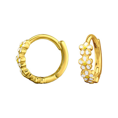 Virágos Huggies 925 ezüst karikafülbevaló, 24k aranyozott, 1.4 mm x 10 mm