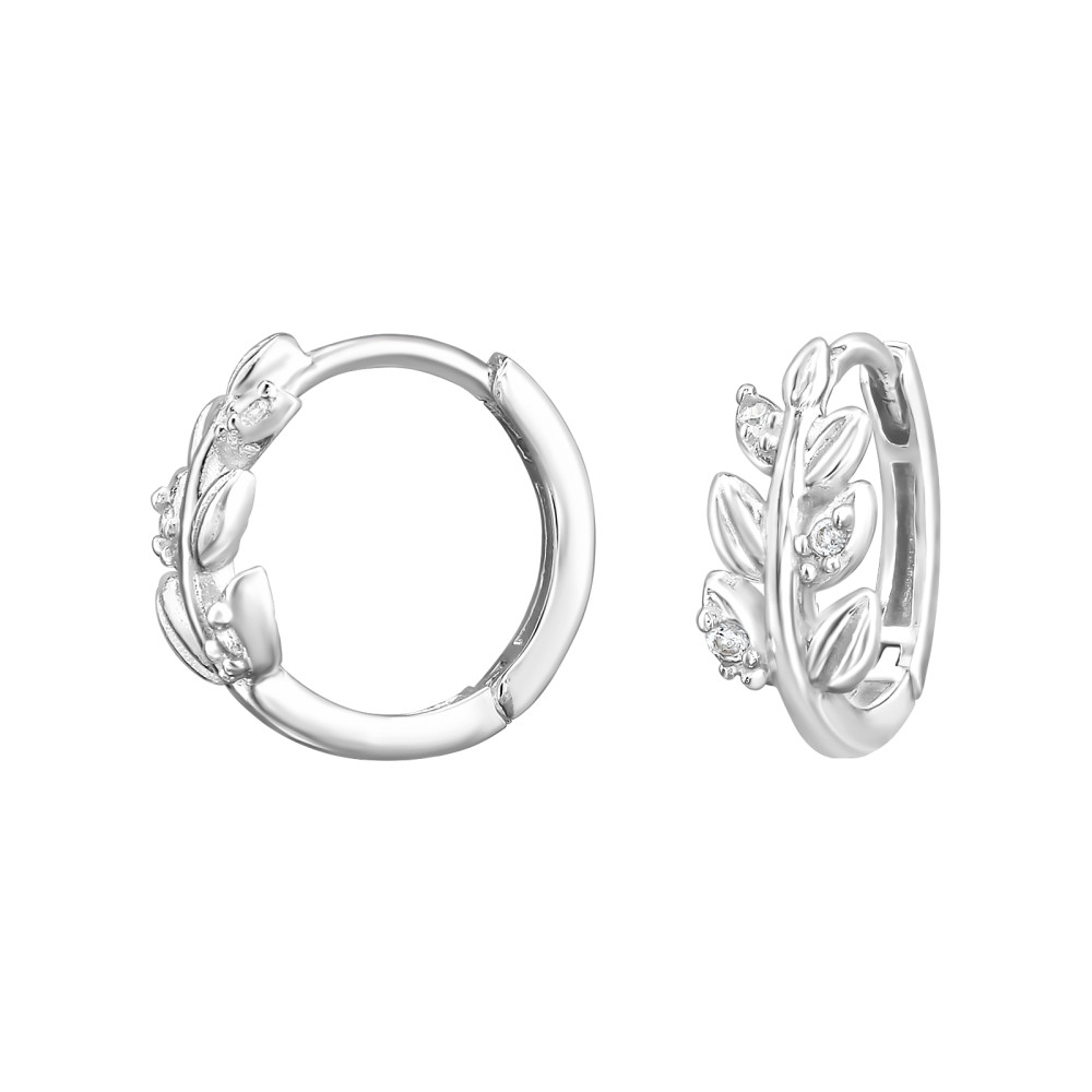 Levél Huggies 925 ezüst karika fülbevaló, cirkónia köves, 1.2 mm x 12 mm
