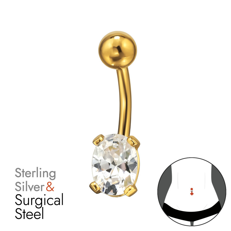 Ovális Köves Köldök piercing - ezüst + orvosi fém, arany színű